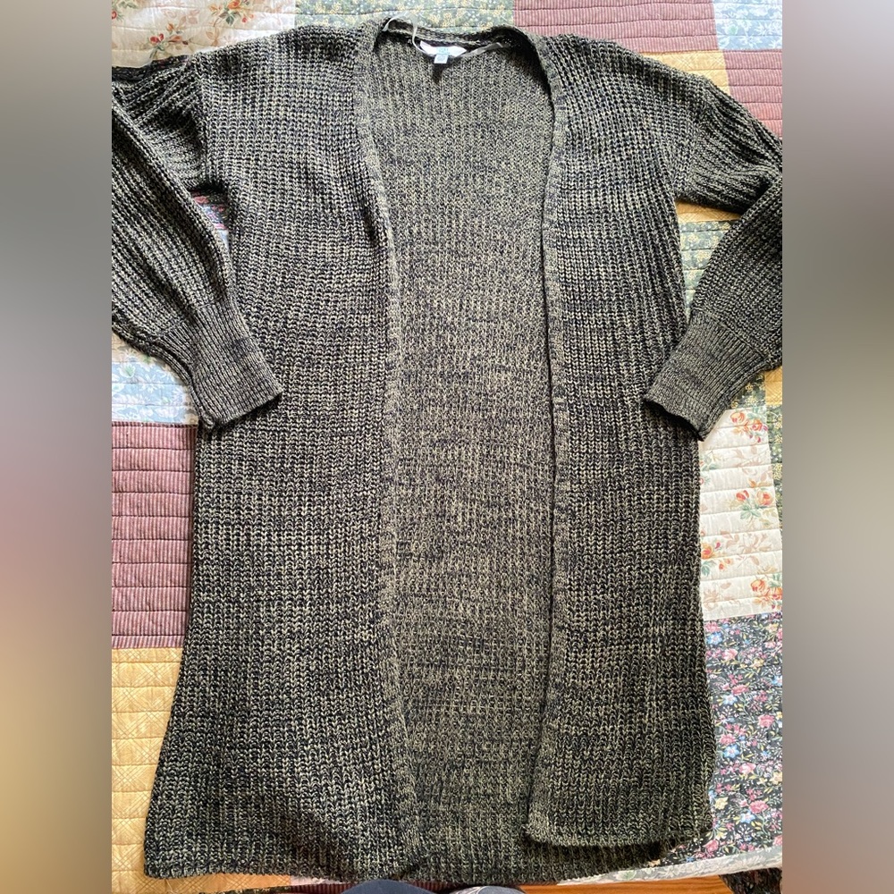 Time&Tru long cardigan. Green and black knitted size Small.